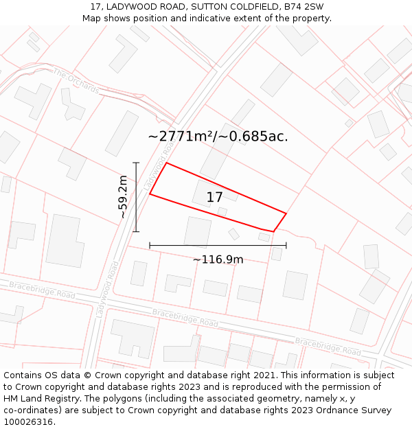 17, LADYWOOD ROAD, SUTTON COLDFIELD, B74 2SW: Plot and title map
