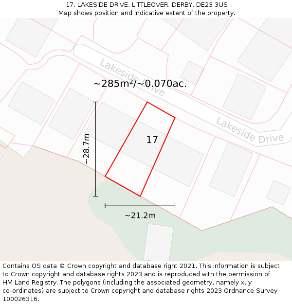 17, LAKESIDE DRIVE, LITTLEOVER, DERBY, DE23 3US: Plot and title map
