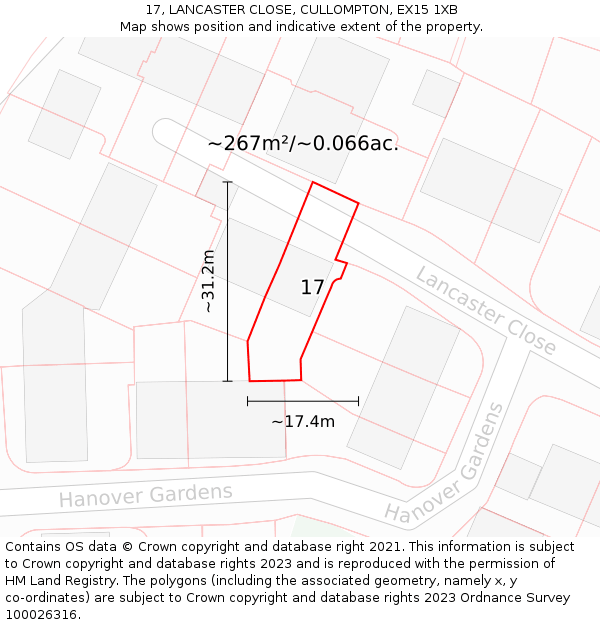 17, LANCASTER CLOSE, CULLOMPTON, EX15 1XB: Plot and title map