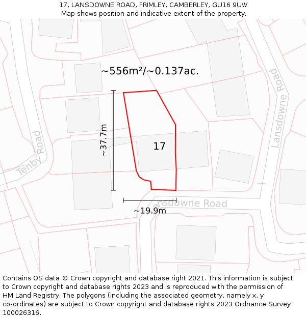 17, LANSDOWNE ROAD, FRIMLEY, CAMBERLEY, GU16 9UW: Plot and title map