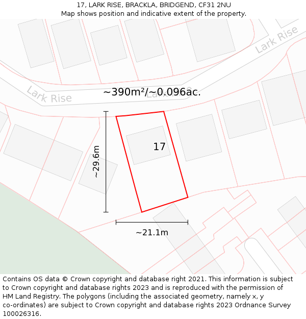 17, LARK RISE, BRACKLA, BRIDGEND, CF31 2NU: Plot and title map