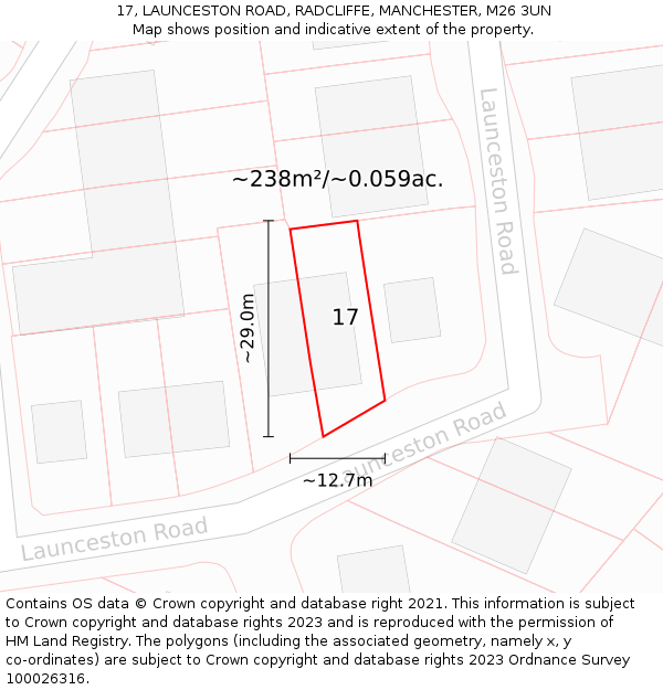 17, LAUNCESTON ROAD, RADCLIFFE, MANCHESTER, M26 3UN: Plot and title map