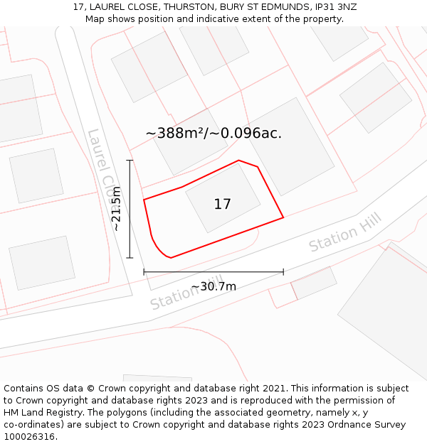 17, LAUREL CLOSE, THURSTON, BURY ST EDMUNDS, IP31 3NZ: Plot and title map