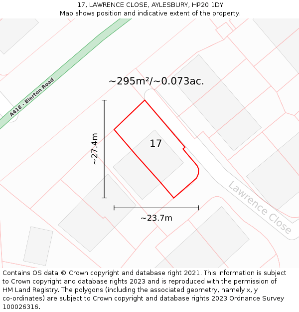 17, LAWRENCE CLOSE, AYLESBURY, HP20 1DY: Plot and title map