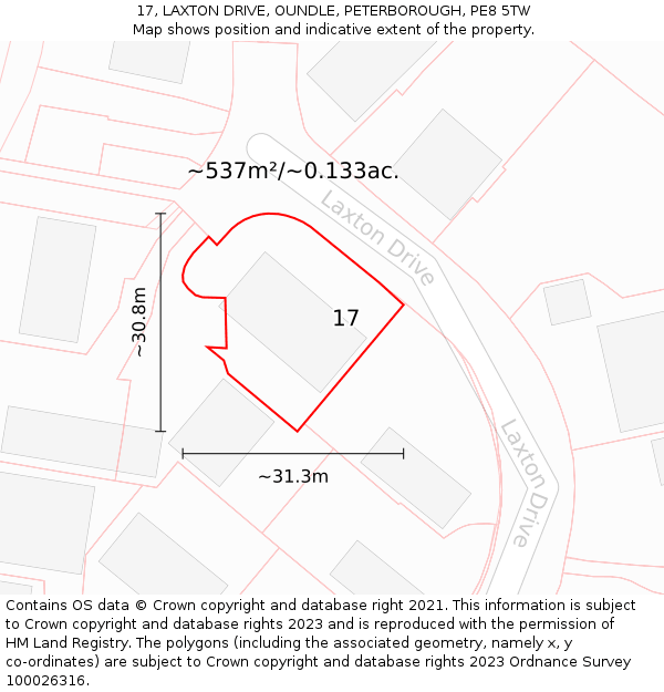 17, LAXTON DRIVE, OUNDLE, PETERBOROUGH, PE8 5TW: Plot and title map
