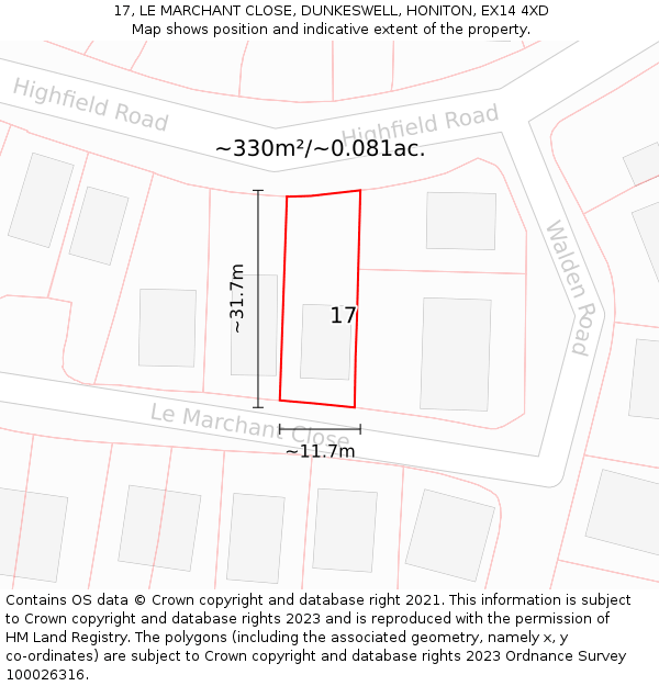 17, LE MARCHANT CLOSE, DUNKESWELL, HONITON, EX14 4XD: Plot and title map