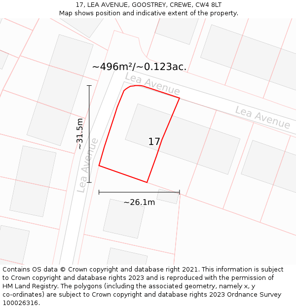 17, LEA AVENUE, GOOSTREY, CREWE, CW4 8LT: Plot and title map