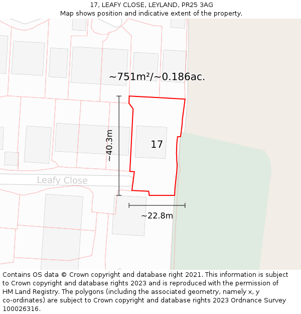 17, LEAFY CLOSE, LEYLAND, PR25 3AG: Plot and title map