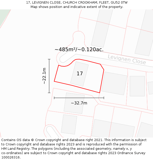 17, LEVIGNEN CLOSE, CHURCH CROOKHAM, FLEET, GU52 0TW: Plot and title map