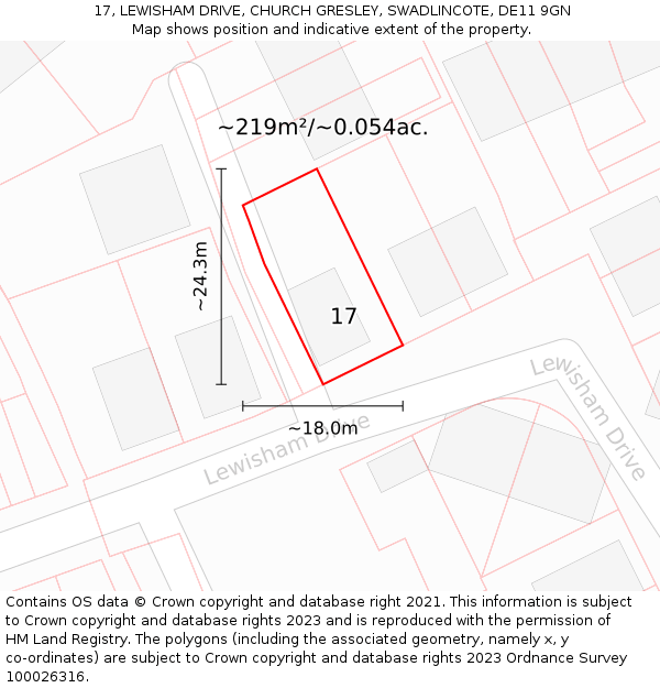 17, LEWISHAM DRIVE, CHURCH GRESLEY, SWADLINCOTE, DE11 9GN: Plot and title map