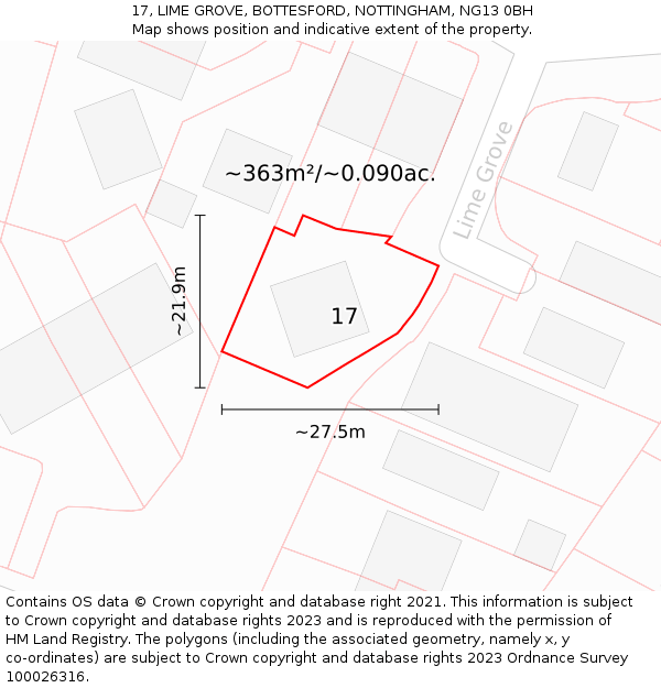17, LIME GROVE, BOTTESFORD, NOTTINGHAM, NG13 0BH: Plot and title map