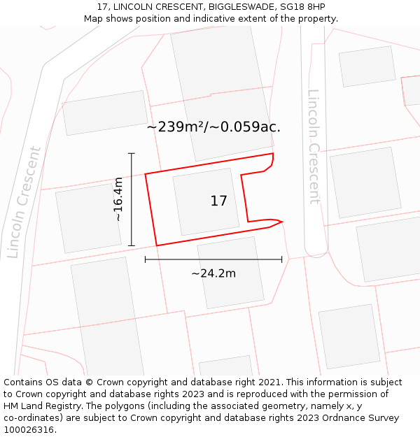 17, LINCOLN CRESCENT, BIGGLESWADE, SG18 8HP: Plot and title map
