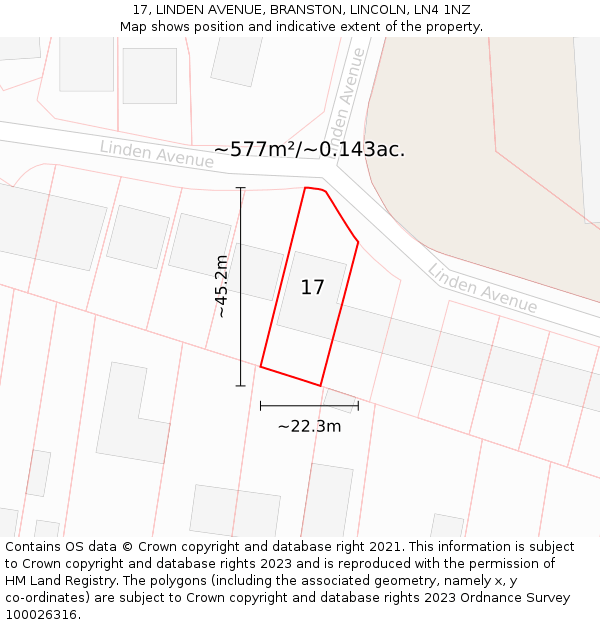 17, LINDEN AVENUE, BRANSTON, LINCOLN, LN4 1NZ: Plot and title map