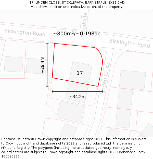 17, LINDEN CLOSE, STICKLEPATH, BARNSTAPLE, EX31 2HD: Plot and title map