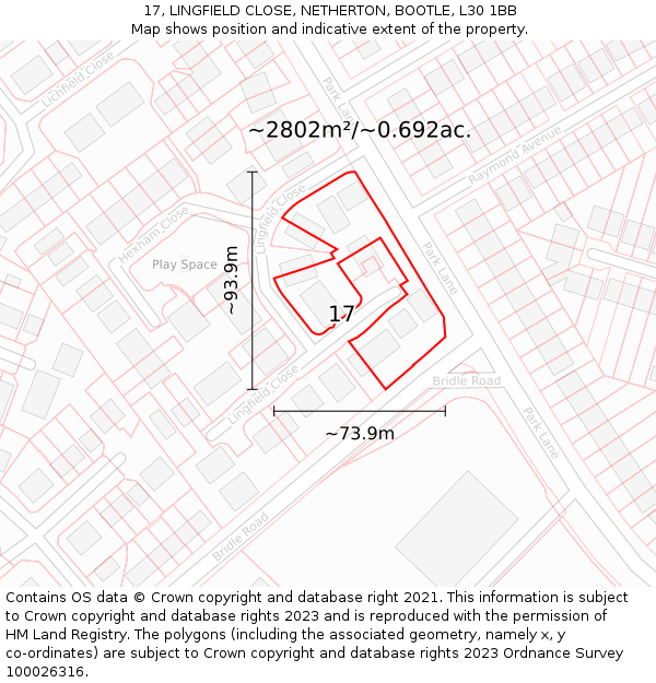 17, LINGFIELD CLOSE, NETHERTON, BOOTLE, L30 1BB: Plot and title map
