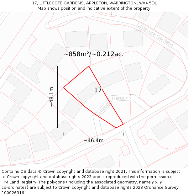 17, LITTLECOTE GARDENS, APPLETON, WARRINGTON, WA4 5DL: Plot and title map