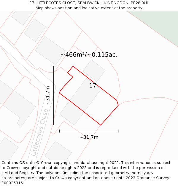 17, LITTLECOTES CLOSE, SPALDWICK, HUNTINGDON, PE28 0UL: Plot and title map