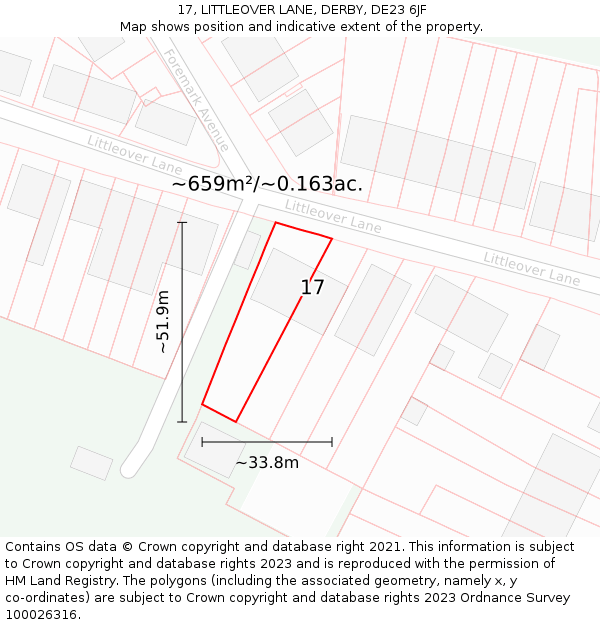 17, LITTLEOVER LANE, DERBY, DE23 6JF: Plot and title map