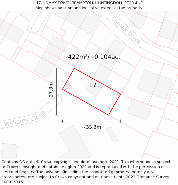 17, LOMAX DRIVE, BRAMPTON, HUNTINGDON, PE28 4UP: Plot and title map