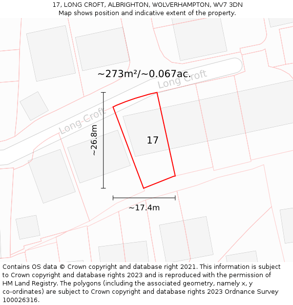 17, LONG CROFT, ALBRIGHTON, WOLVERHAMPTON, WV7 3DN: Plot and title map