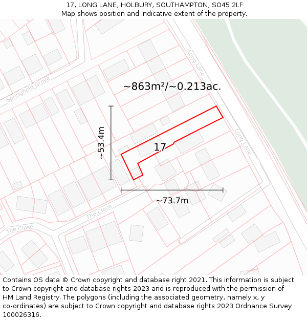 17, LONG LANE, HOLBURY, SOUTHAMPTON, SO45 2LF: Plot and title map