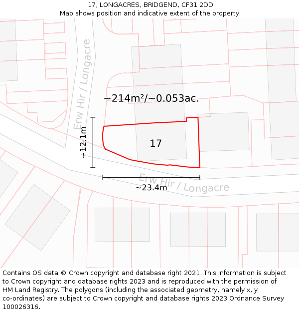 17, LONGACRES, BRIDGEND, CF31 2DD: Plot and title map