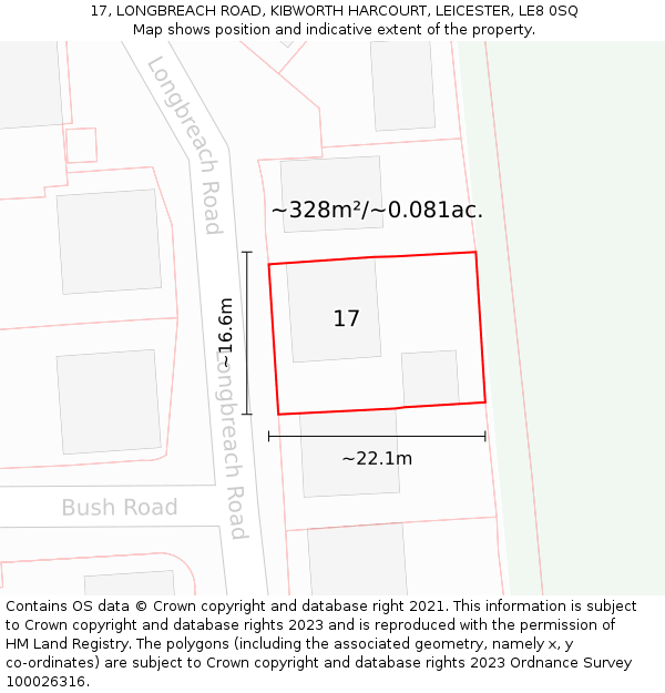 17, LONGBREACH ROAD, KIBWORTH HARCOURT, LEICESTER, LE8 0SQ: Plot and title map