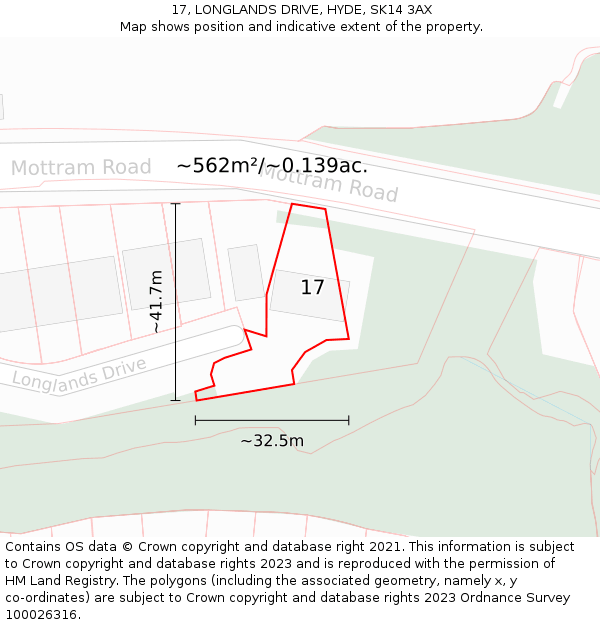 17, LONGLANDS DRIVE, HYDE, SK14 3AX: Plot and title map