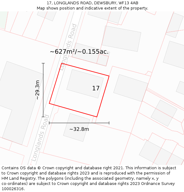 17, LONGLANDS ROAD, DEWSBURY, WF13 4AB: Plot and title map