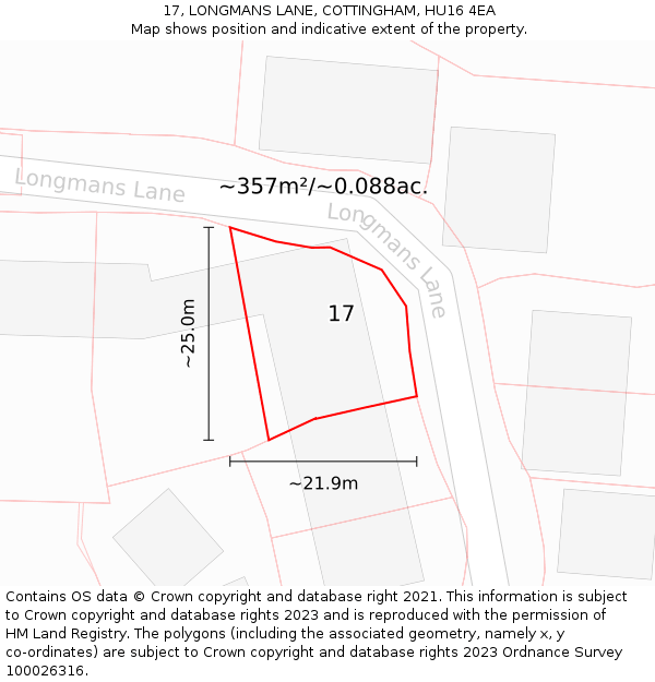 17, LONGMANS LANE, COTTINGHAM, HU16 4EA: Plot and title map