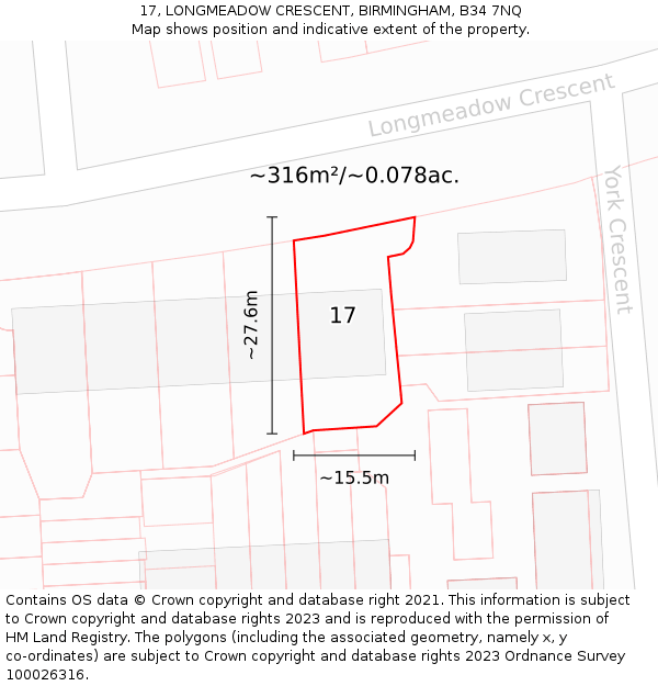 17, LONGMEADOW CRESCENT, BIRMINGHAM, B34 7NQ: Plot and title map