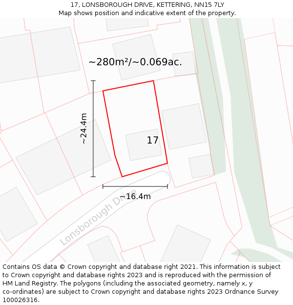 17, LONSBOROUGH DRIVE, KETTERING, NN15 7LY: Plot and title map