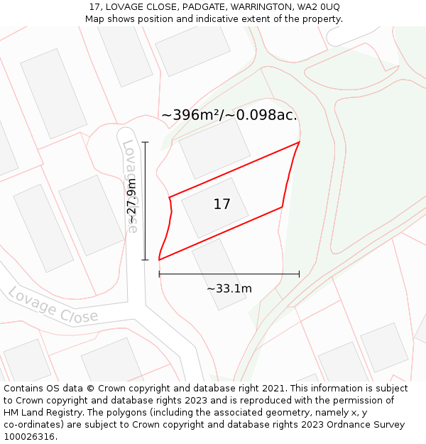17, LOVAGE CLOSE, PADGATE, WARRINGTON, WA2 0UQ: Plot and title map