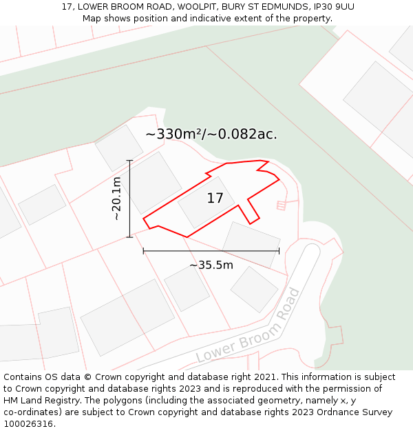 17, LOWER BROOM ROAD, WOOLPIT, BURY ST EDMUNDS, IP30 9UU: Plot and title map