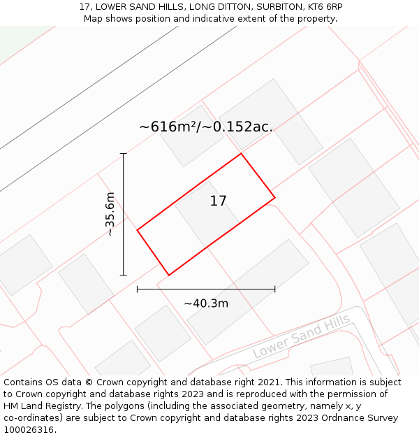 17, LOWER SAND HILLS, LONG DITTON, SURBITON, KT6 6RP: Plot and title map