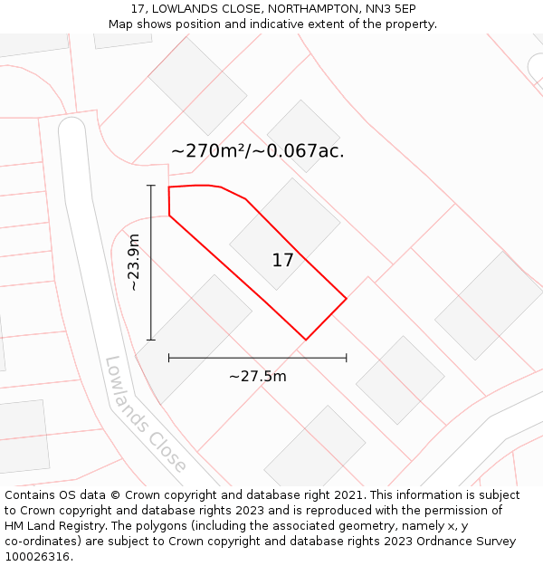 17, LOWLANDS CLOSE, NORTHAMPTON, NN3 5EP: Plot and title map