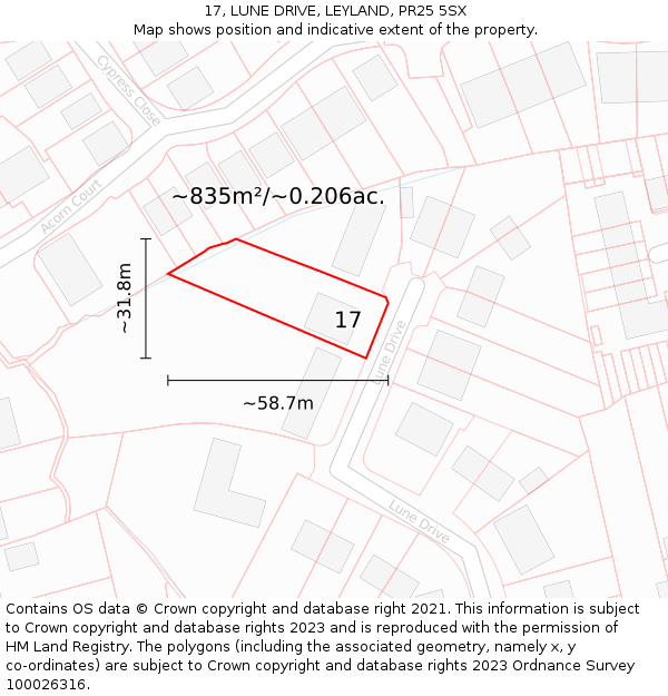 17, LUNE DRIVE, LEYLAND, PR25 5SX: Plot and title map