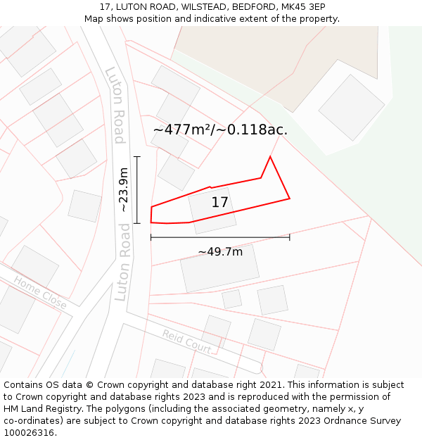 17, LUTON ROAD, WILSTEAD, BEDFORD, MK45 3EP: Plot and title map