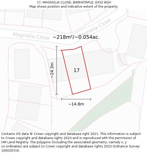 17, MAGNOLIA CLOSE, BARNSTAPLE, EX32 8QH: Plot and title map