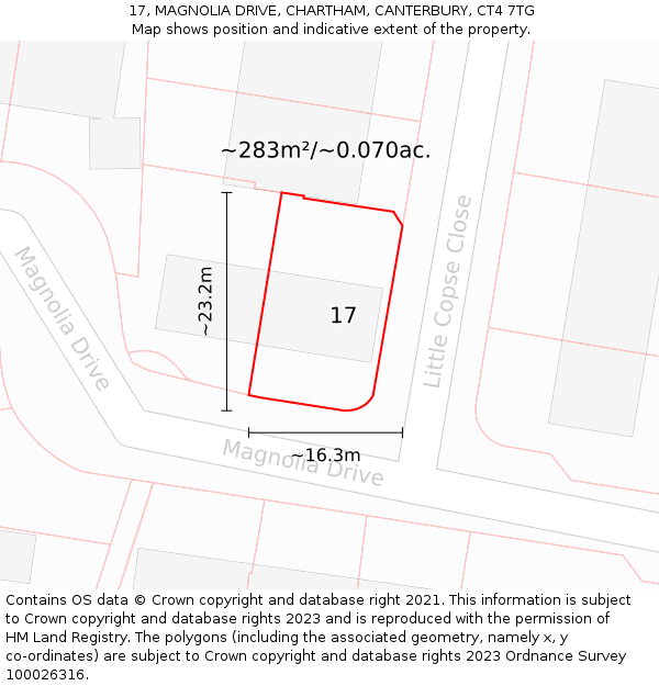 17, MAGNOLIA DRIVE, CHARTHAM, CANTERBURY, CT4 7TG: Plot and title map