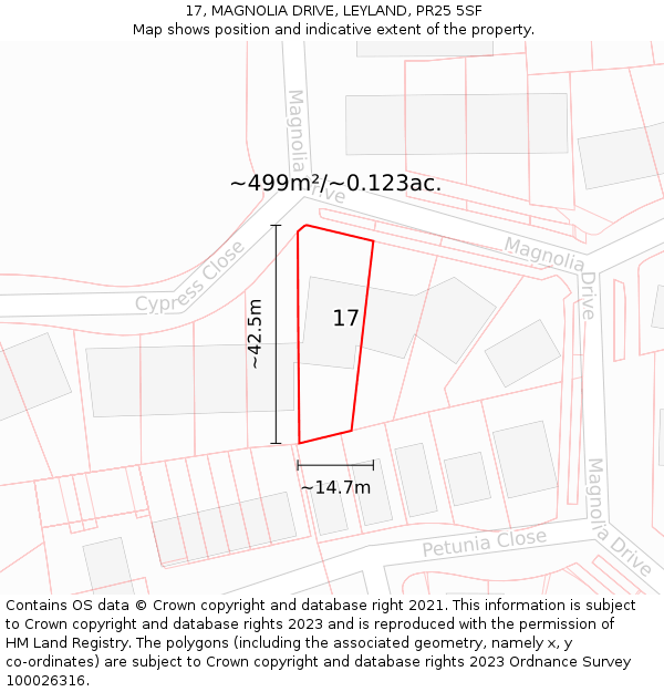 17, MAGNOLIA DRIVE, LEYLAND, PR25 5SF: Plot and title map