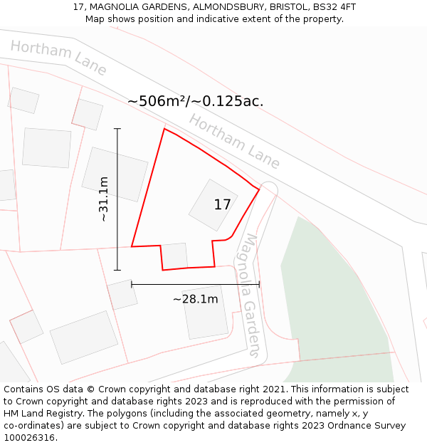 17, MAGNOLIA GARDENS, ALMONDSBURY, BRISTOL, BS32 4FT: Plot and title map