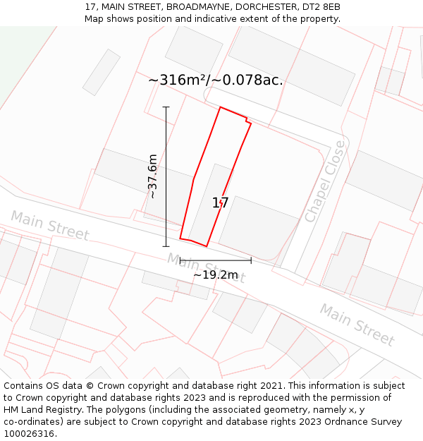 17, MAIN STREET, BROADMAYNE, DORCHESTER, DT2 8EB: Plot and title map