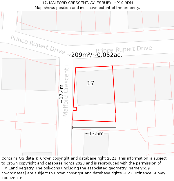 17, MALFORD CRESCENT, AYLESBURY, HP19 9DN: Plot and title map