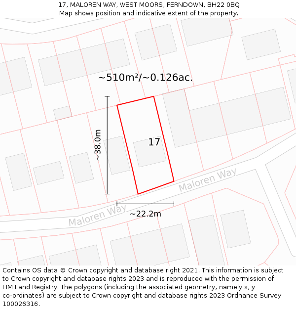 17, MALOREN WAY, WEST MOORS, FERNDOWN, BH22 0BQ: Plot and title map