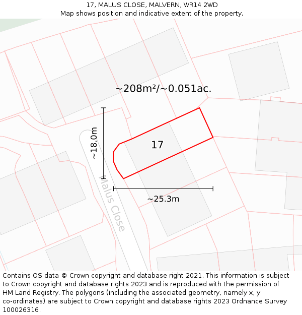 17, MALUS CLOSE, MALVERN, WR14 2WD: Plot and title map