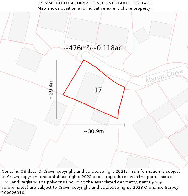 17, MANOR CLOSE, BRAMPTON, HUNTINGDON, PE28 4UF: Plot and title map
