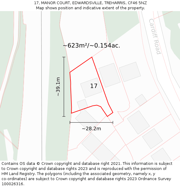 17, MANOR COURT, EDWARDSVILLE, TREHARRIS, CF46 5NZ: Plot and title map