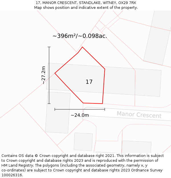 17, MANOR CRESCENT, STANDLAKE, WITNEY, OX29 7RX: Plot and title map