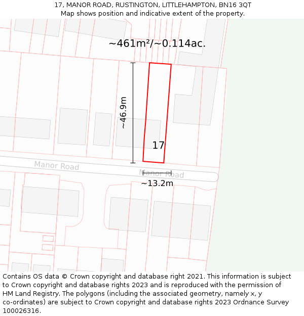 17, MANOR ROAD, RUSTINGTON, LITTLEHAMPTON, BN16 3QT: Plot and title map